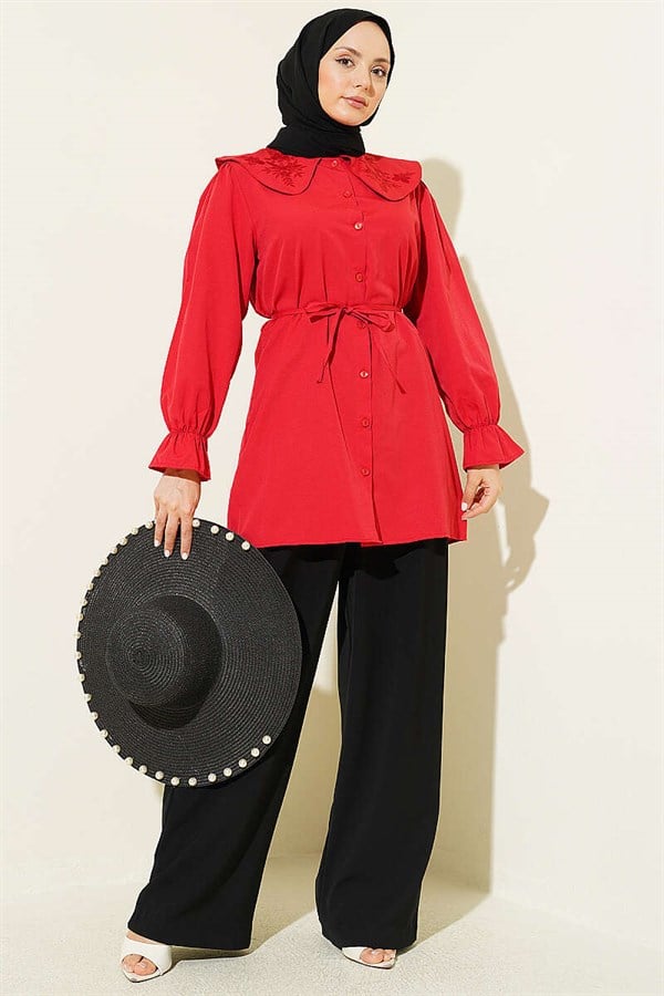 Peter Pan Collar Embroidered Drawstring Shirt, Red