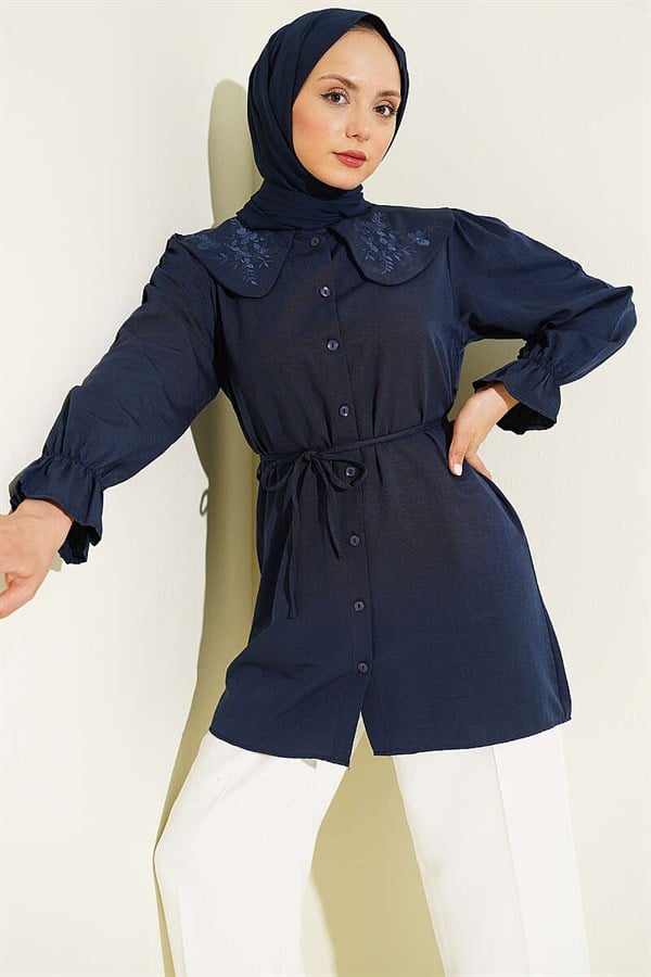 Baby Collar Embroidered Drawstring Shirt Navy Blue