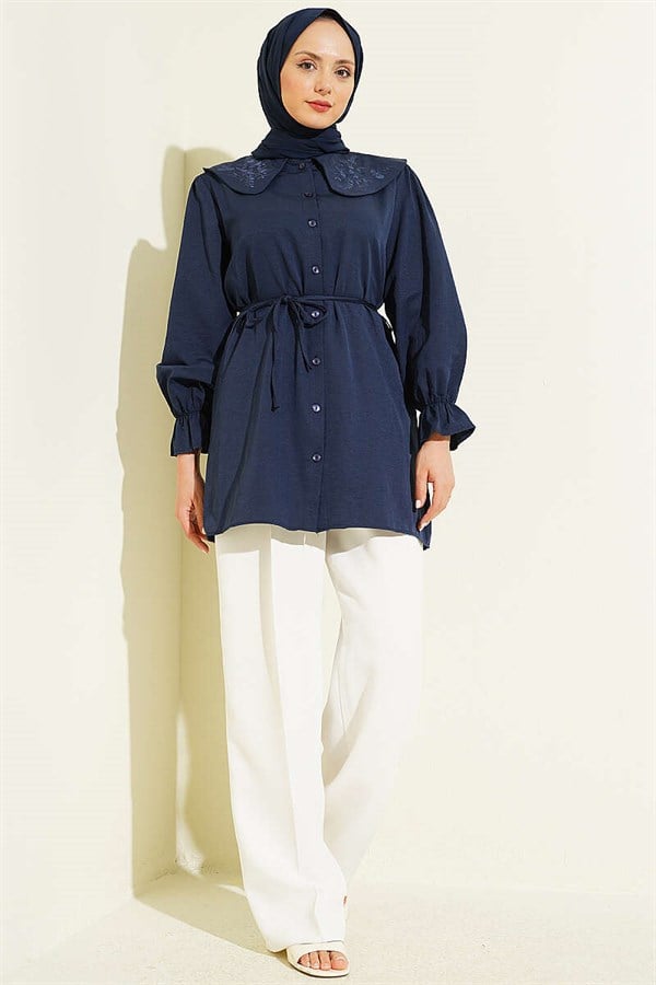 Baby Collar Embroidered Drawstring Shirt Navy Blue