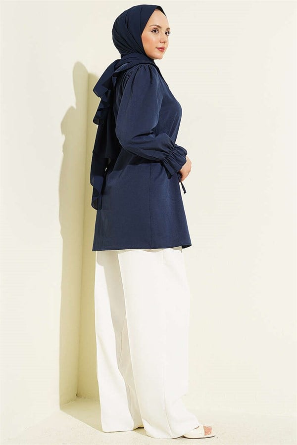 Baby Collar Embroidered Drawstring Shirt Navy Blue