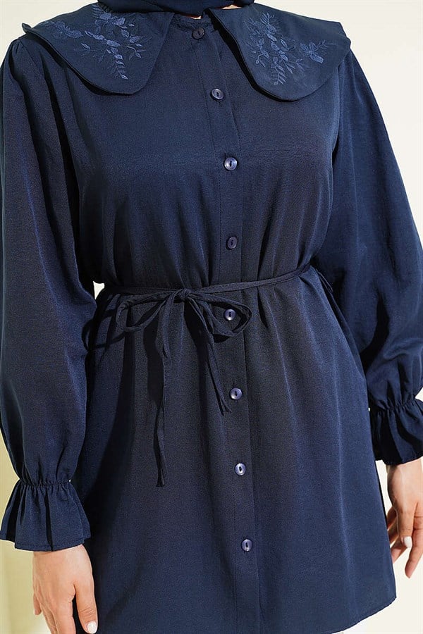 Baby Collar Embroidered Drawstring Shirt Navy Blue