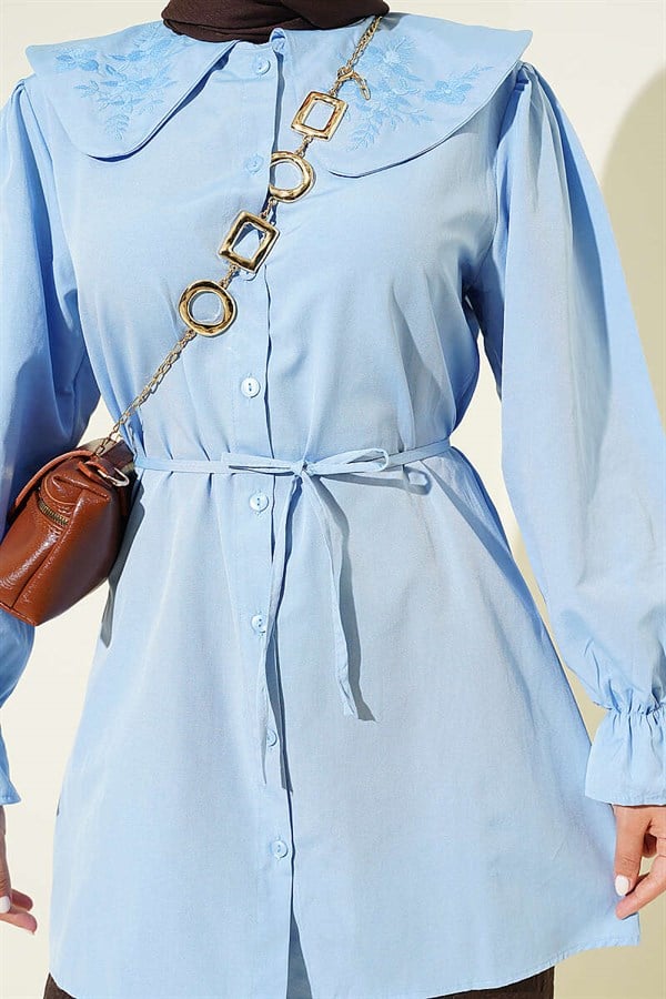 Baby Collar Embroidered Drawstring Shirt Blue