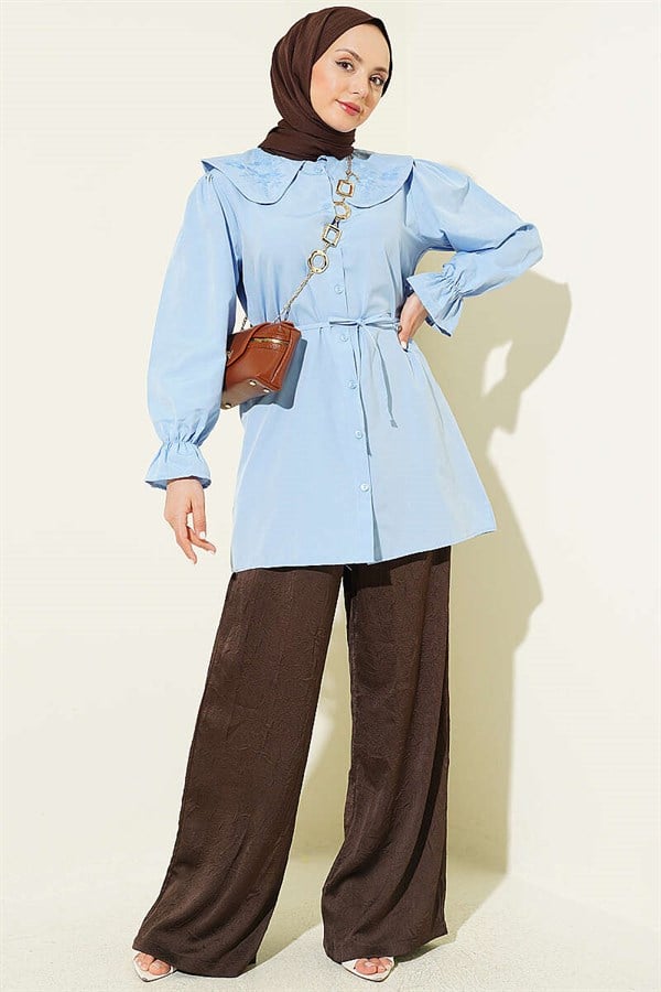 Baby Collar Embroidered Drawstring Shirt Blue