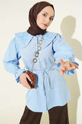 Baby Collar Embroidered Drawstring Shirt Blue