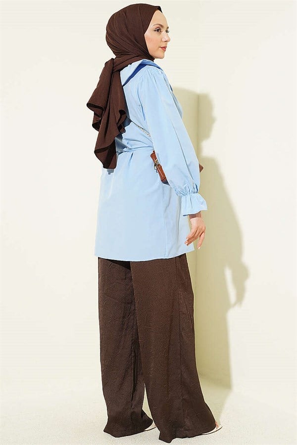 Baby Collar Embroidered Drawstring Shirt Blue