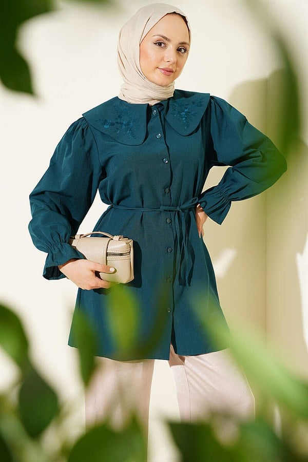 Peter Pan Collar Embroidered Drawstring Shirt, Petrol