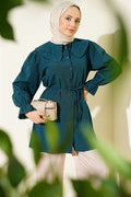 Peter Pan Collar Embroidered Drawstring Shirt, Petrol