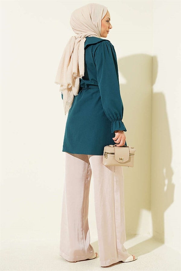 Peter Pan Collar Embroidered Drawstring Shirt, Petrol