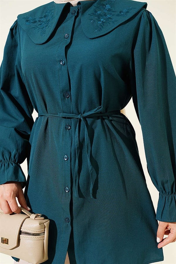 Peter Pan Collar Embroidered Drawstring Shirt, Petrol