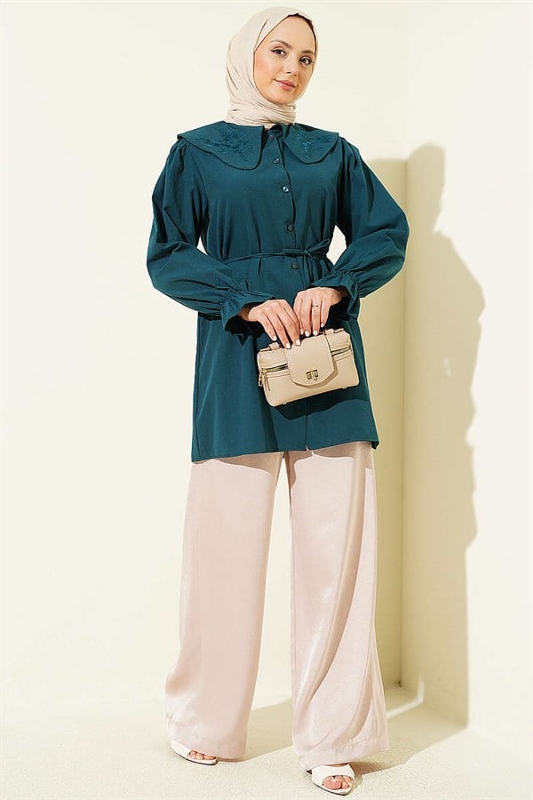 Peter Pan Collar Embroidered Drawstring Shirt, Petrol