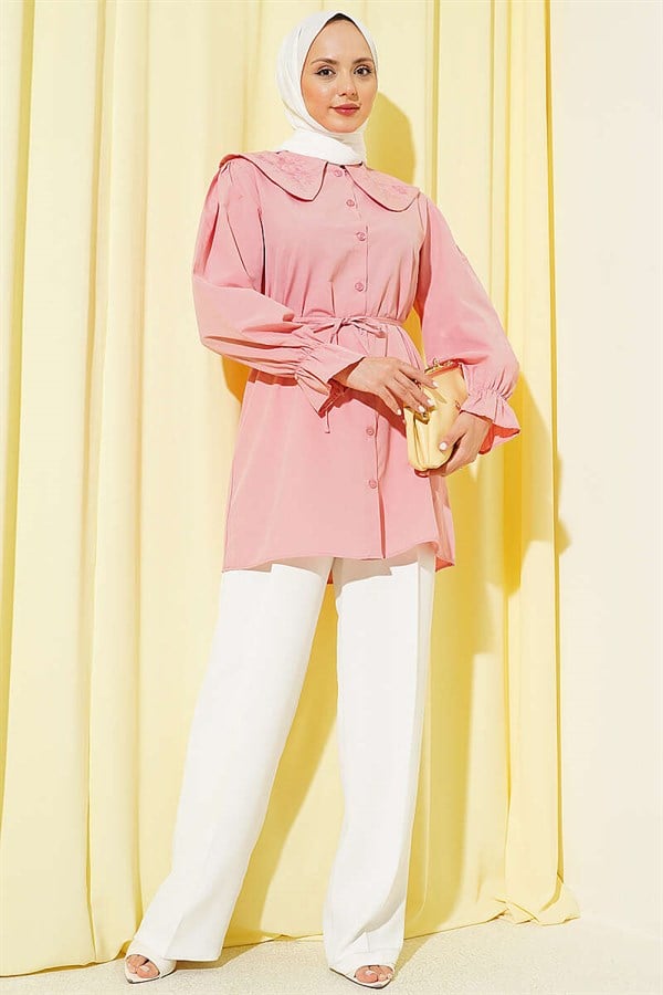 Peter Pan Collar Embroidered Drawstring Shirt Powder Pink