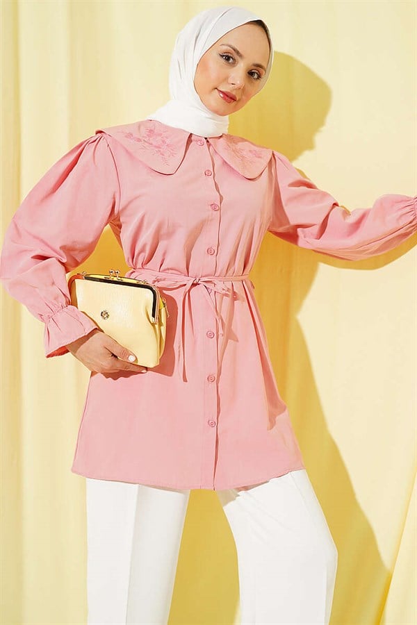 Peter Pan Collar Embroidered Drawstring Shirt Powder Pink