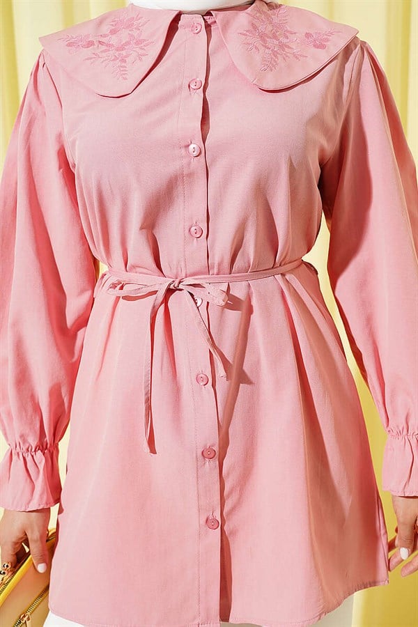 Peter Pan Collar Embroidered Drawstring Shirt Powder Pink