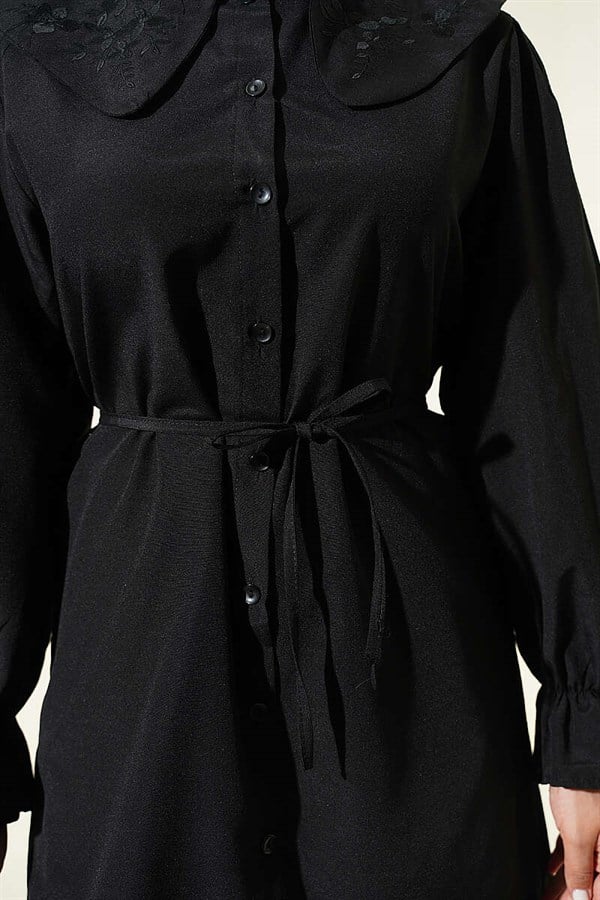 Peter Pan Collar Embroidered Drawstring Shirt, Black