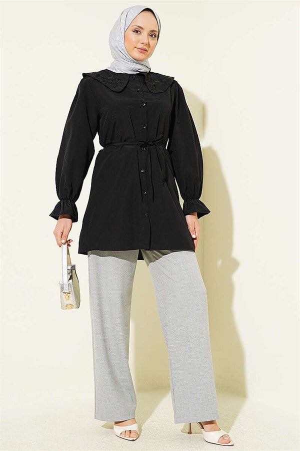 Peter Pan Collar Embroidered Drawstring Shirt, Black