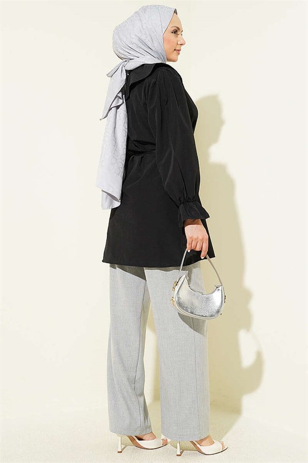 Peter Pan Collar Embroidered Drawstring Shirt, Black
