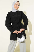 Peter Pan Collar Embroidered Drawstring Shirt, Black