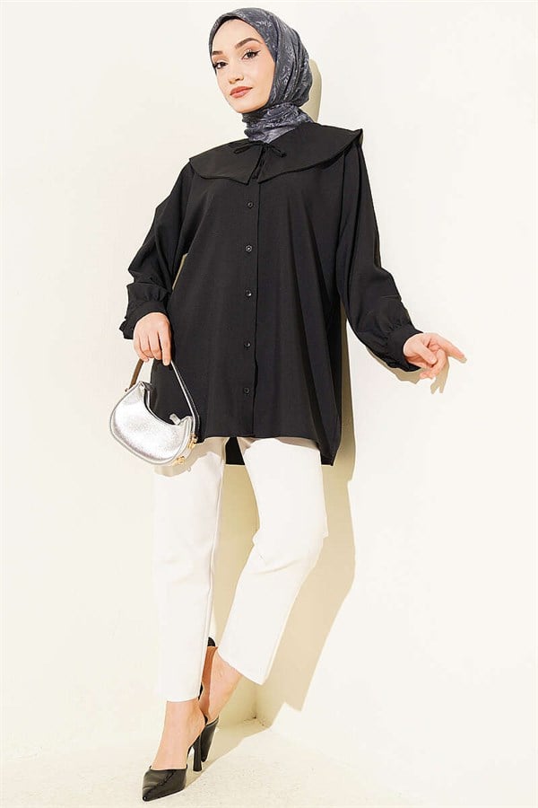 Peter Pan Collar Lace-Up Shirt, Black