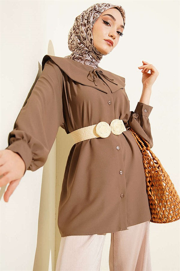 Peter Pan Collar Lace-Up Shirt, Mink