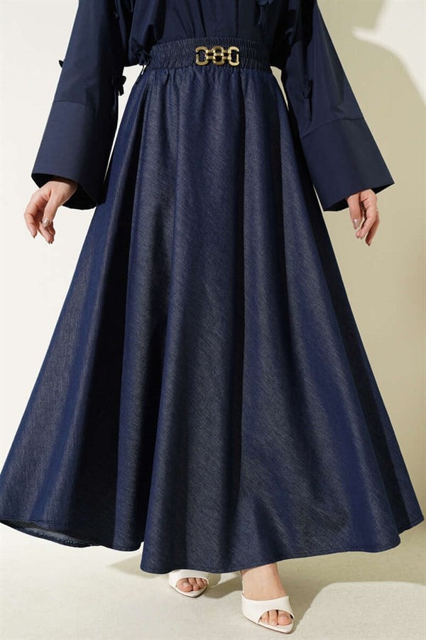 Navy Blue Denim A-Line Skirt with Waist Accessory