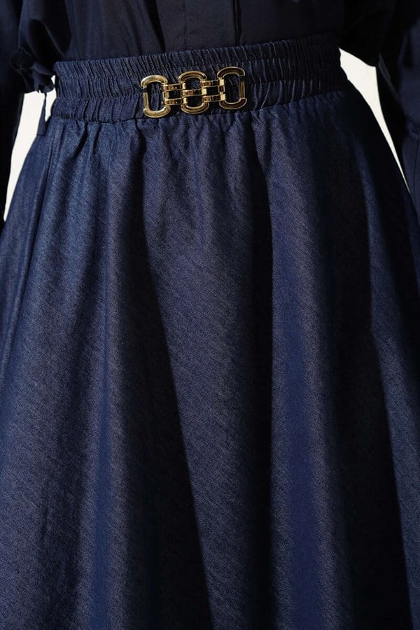 Navy Blue Denim A-Line Skirt with Waist Accessory