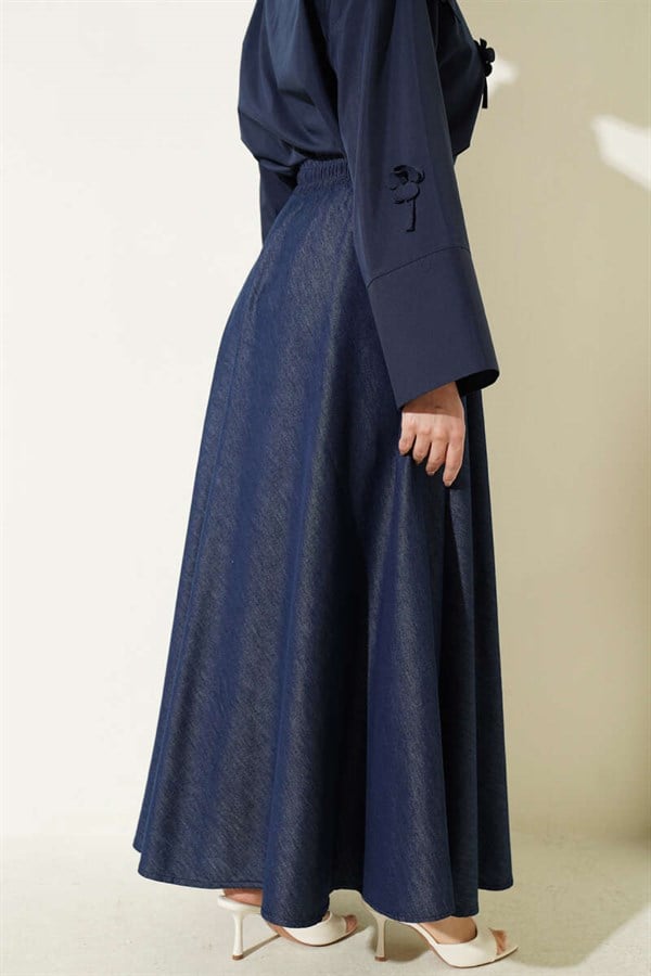 Navy Blue Denim A-Line Skirt with Waist Accessory
