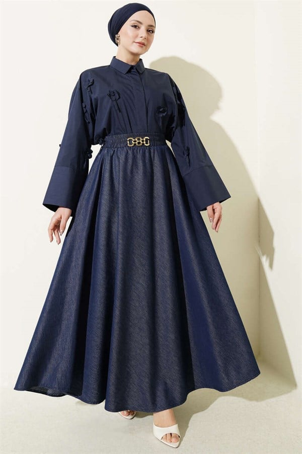 Navy Blue Denim A-Line Skirt with Waist Accessory