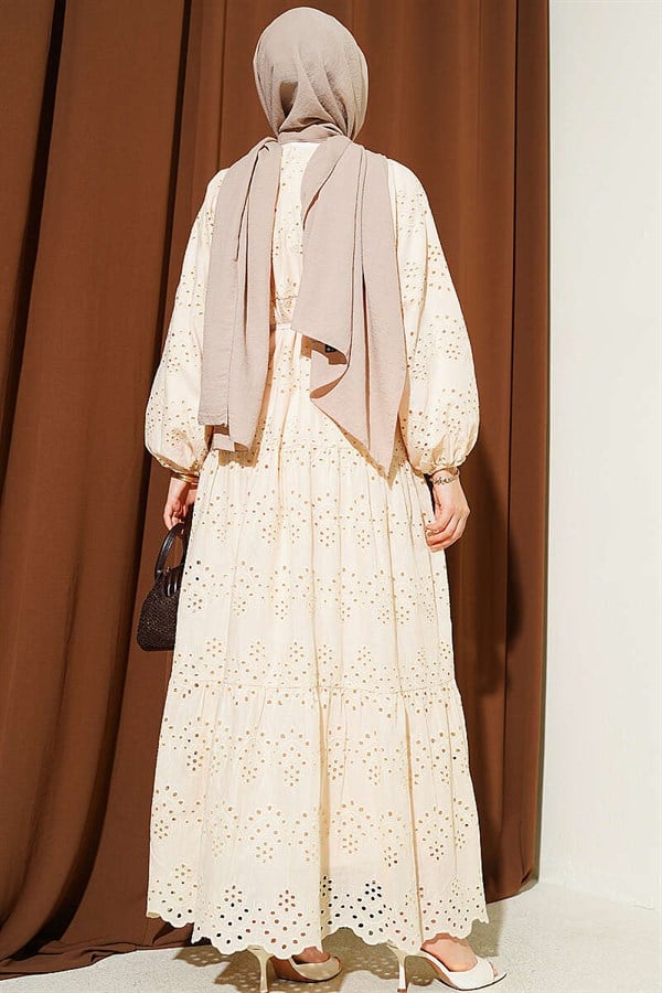 Embroidered Dress with Waist Tie Detail, Beige