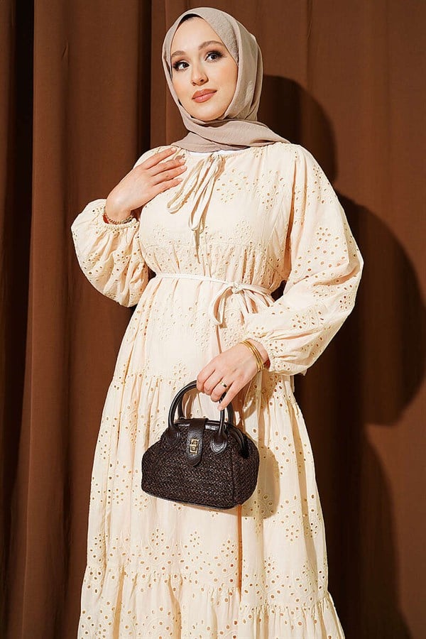 Embroidered Dress with Waist Tie Detail, Beige