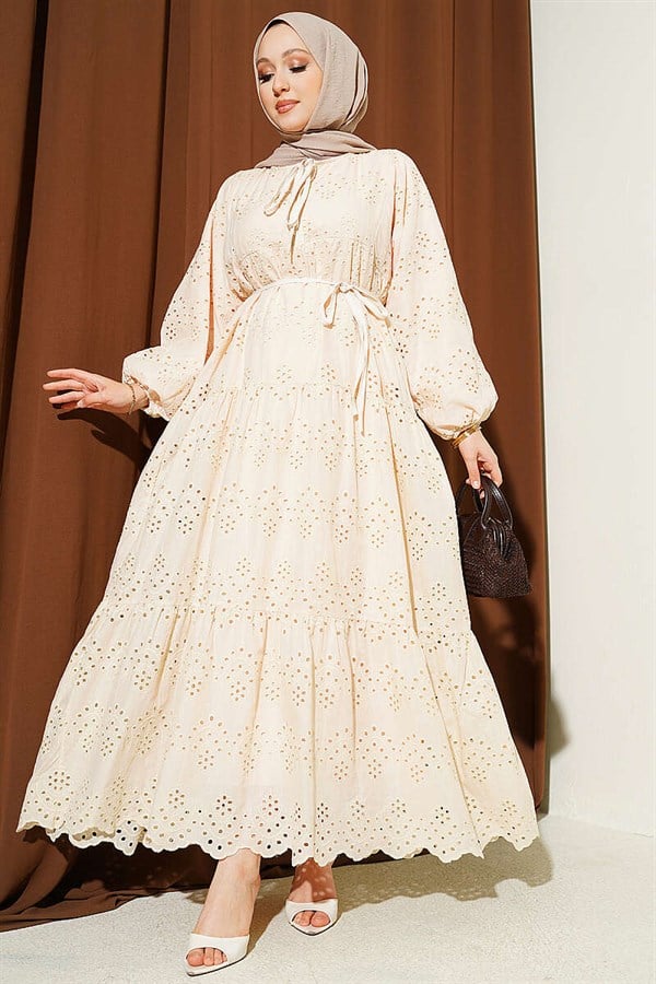 Embroidered Dress with Waist Tie Detail, Beige