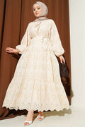 Embroidered Dress with Waist Tie Detail, Beige