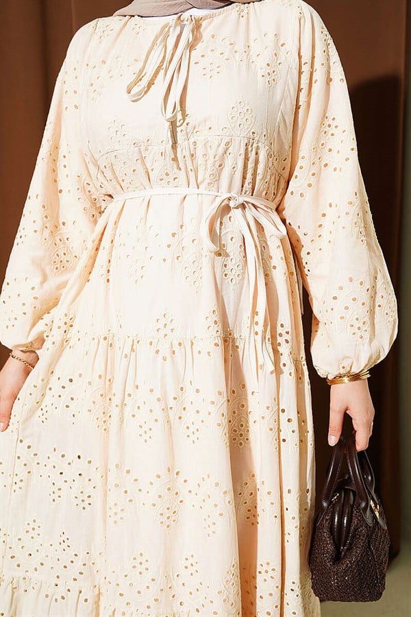 Embroidered Dress with Waist Tie Detail, Beige