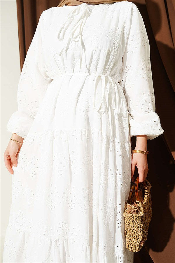 White Embroidered Dress with Waist Tie Detail