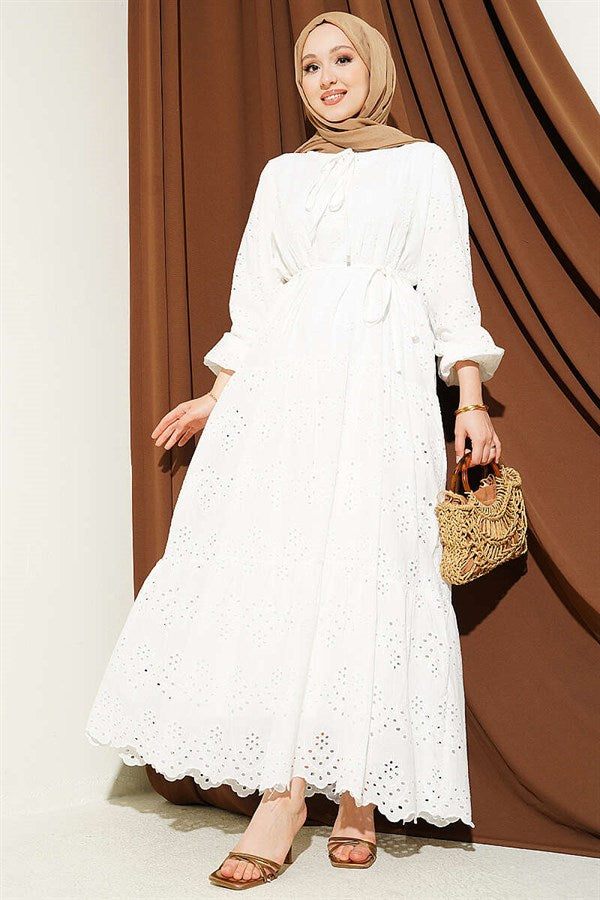 White Embroidered Dress with Waist Tie Detail
