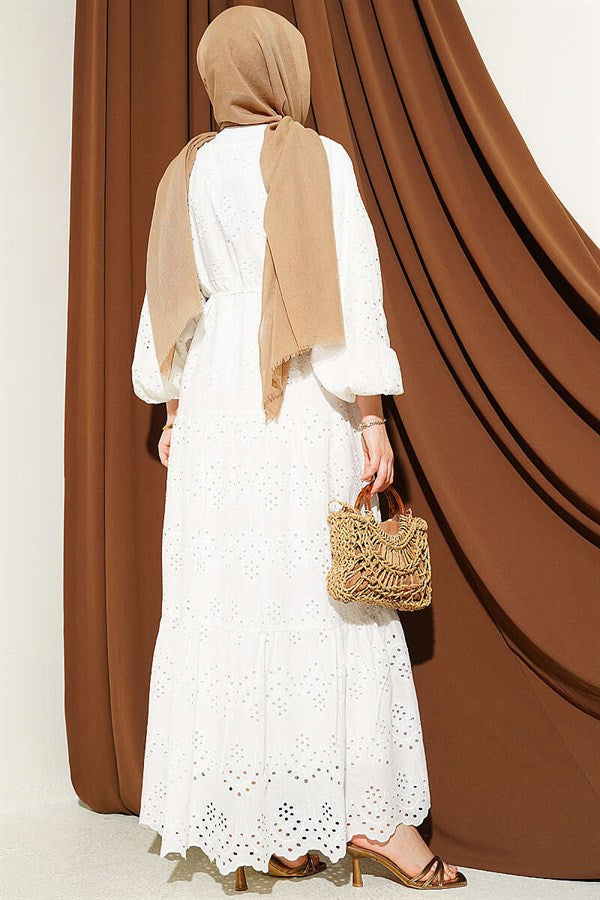 White Embroidered Dress with Waist Tie Detail