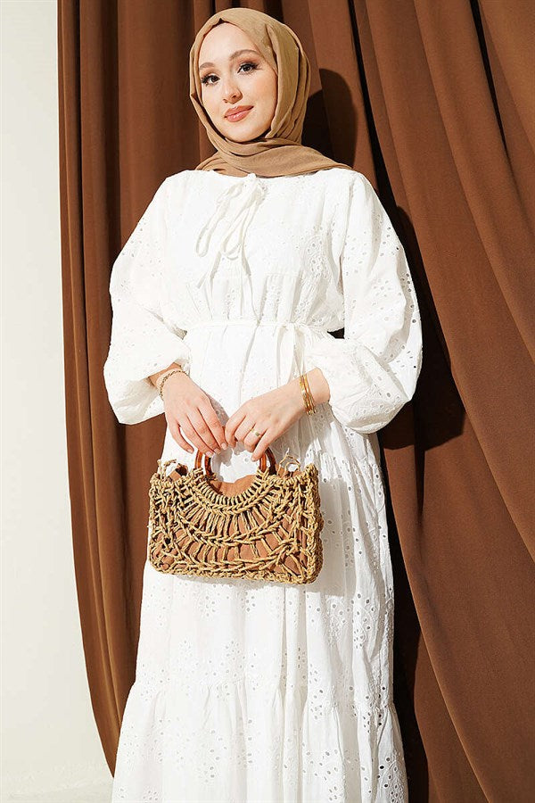 White Embroidered Dress with Waist Tie Detail