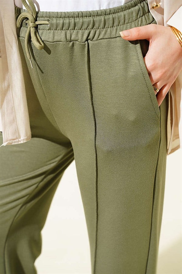 Khaki Trousers with Belt Drawstring