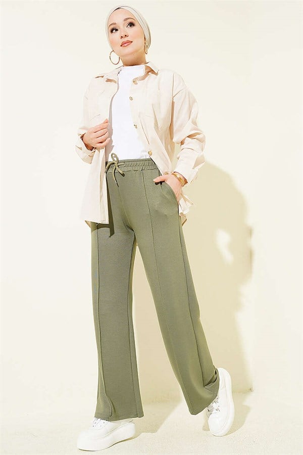 Khaki Trousers with Belt Drawstring