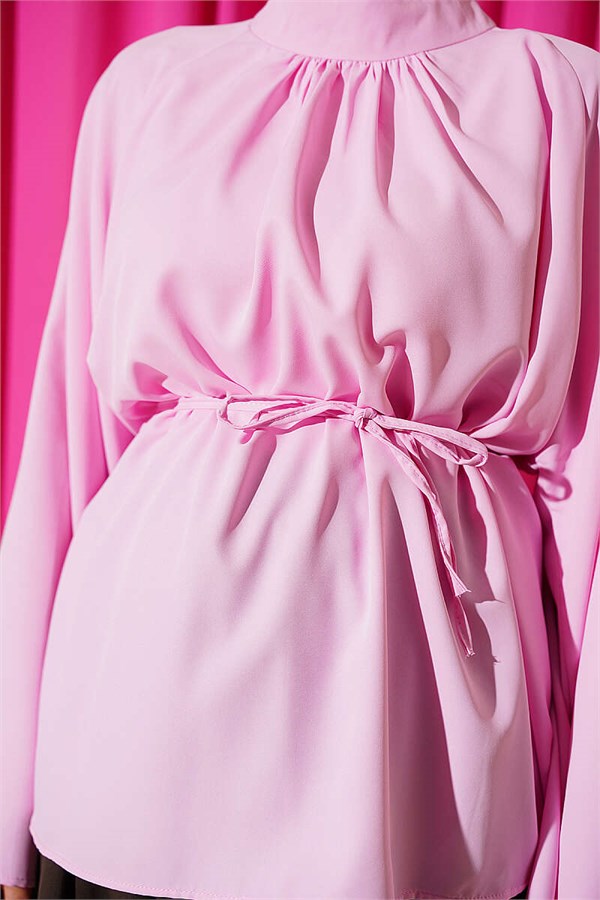 Pink Blouse with Belted Waist and Spanish Sleeves