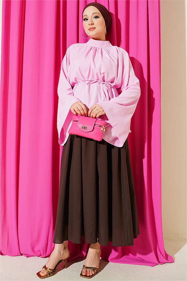 Pink Blouse with Belted Waist and Spanish Sleeves