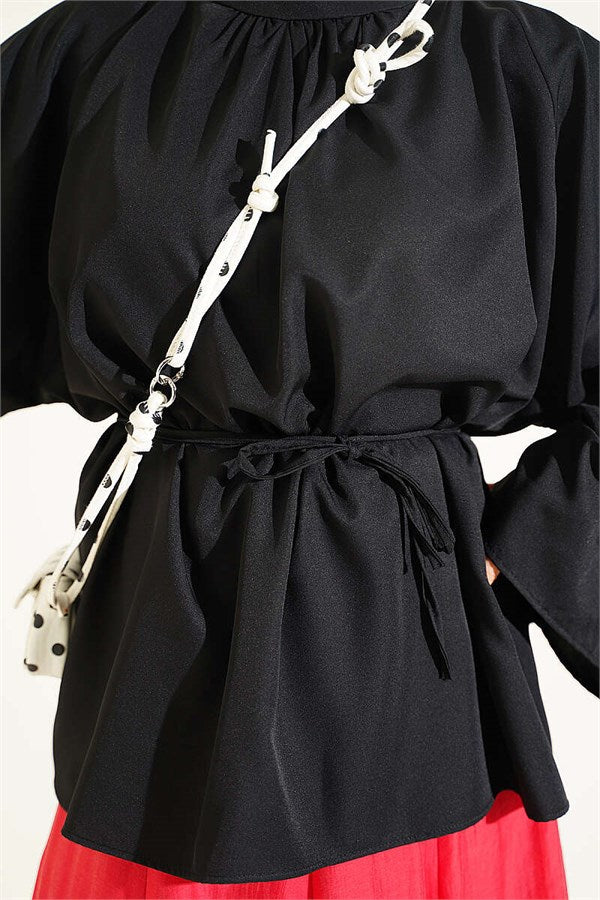 Black Blouse with Belted Waist and Spanish Sleeves