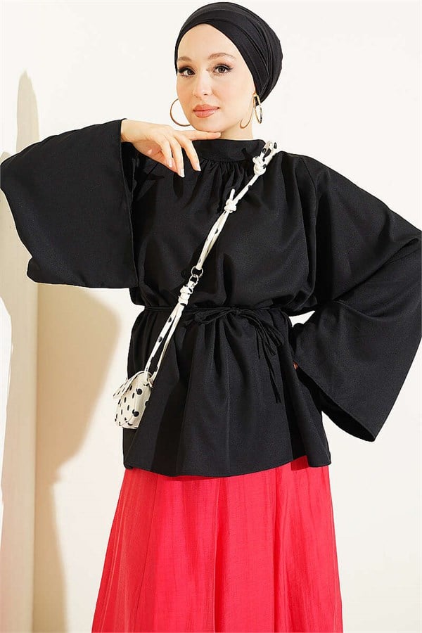 Black Blouse with Belted Waist and Spanish Sleeves
