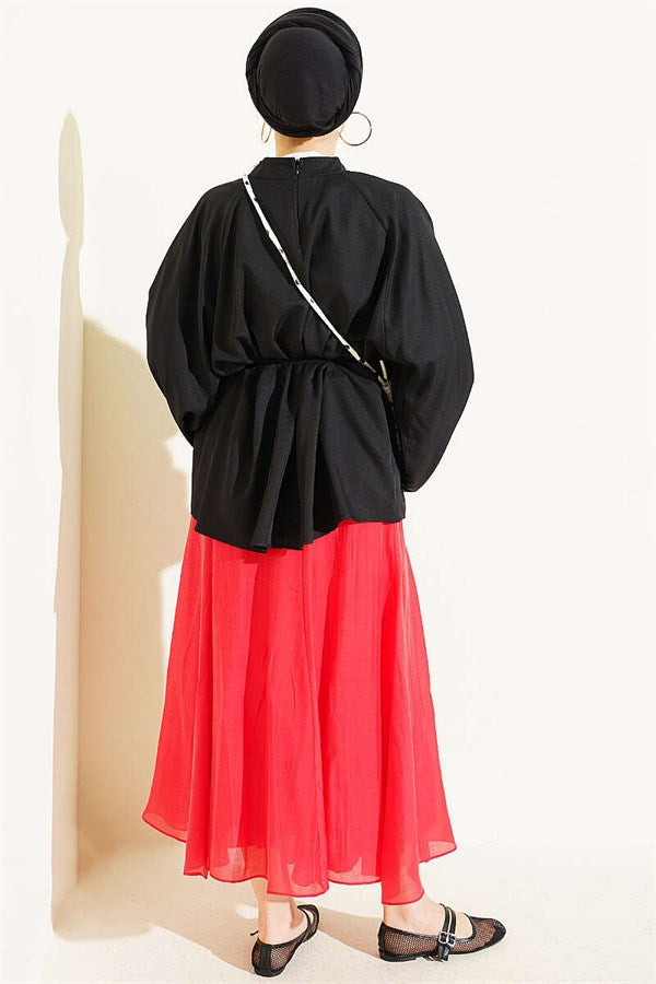 Black Blouse with Belted Waist and Spanish Sleeves