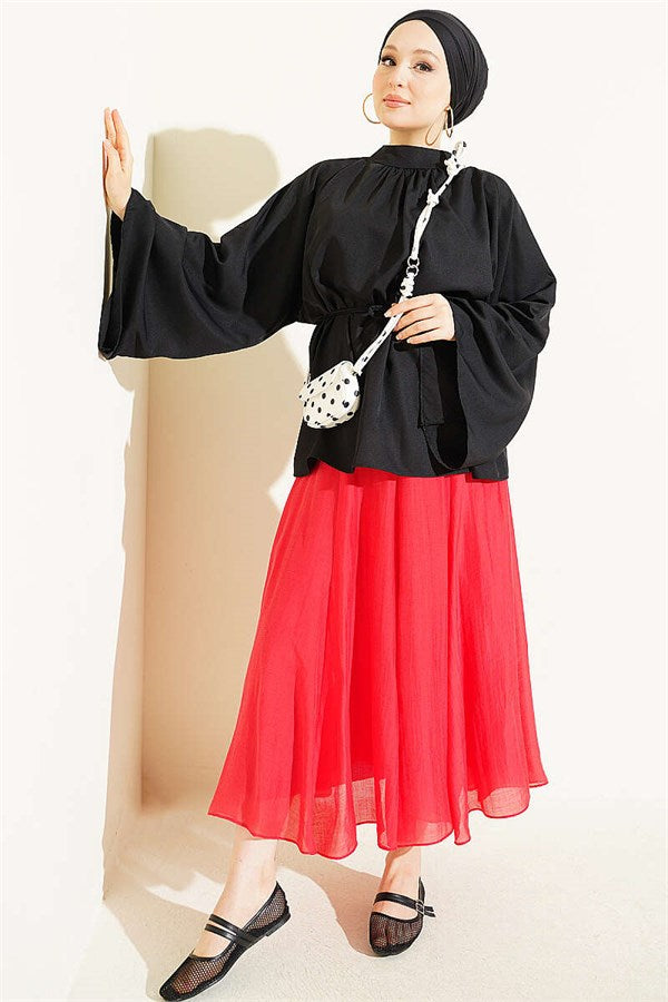 Black Blouse with Belted Waist and Spanish Sleeves