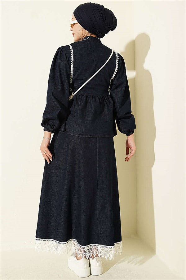 2 Piece Set with Belted Lace Skirt, Dark Blue