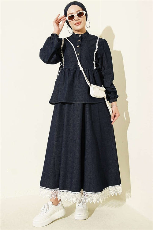 2 Piece Set with Belted Lace Skirt, Dark Blue