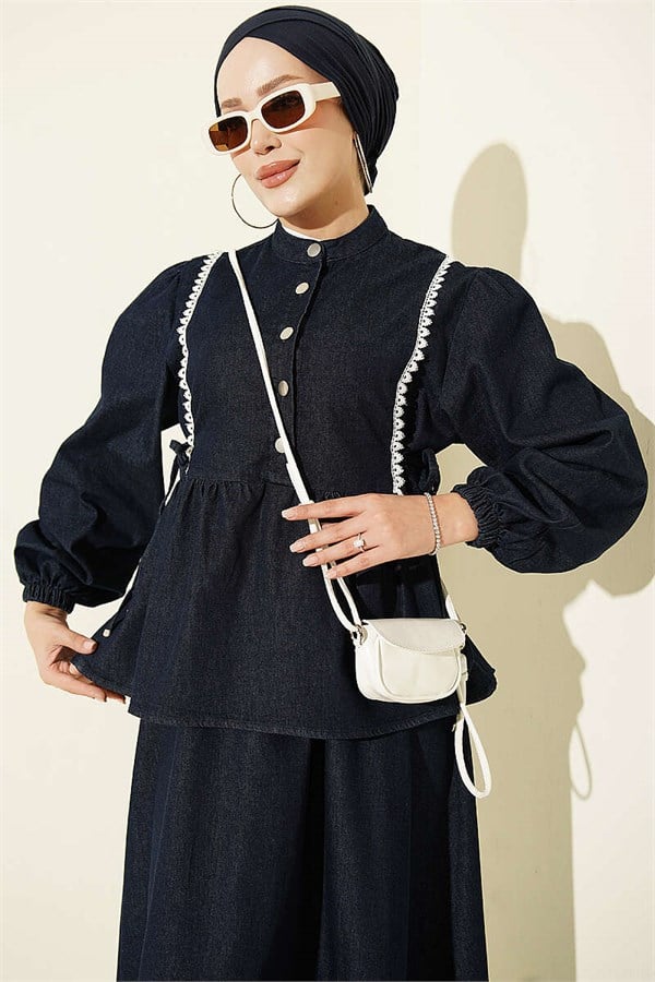 2 Piece Set with Belted Lace Skirt, Dark Blue