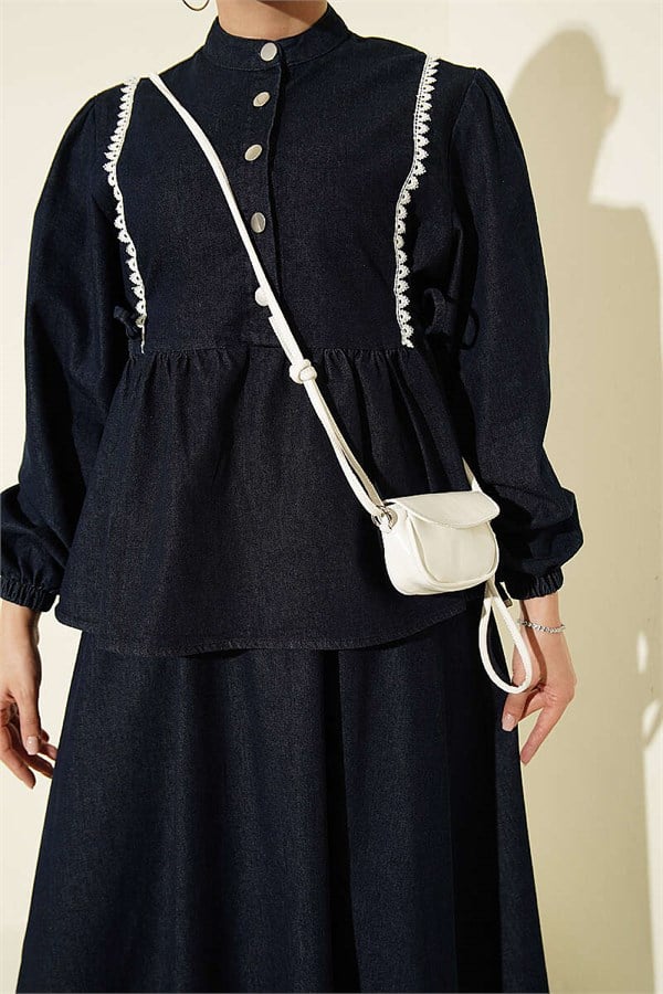 2 Piece Set with Belted Lace Skirt, Dark Blue