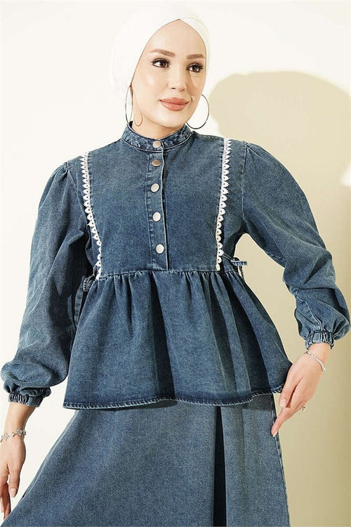 2 Piece Set with Belted Lace Skirt in Denim Blue