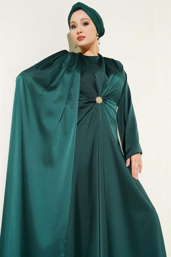 Satin Evening Dress with Waist Gathering Detail in Emerald Green